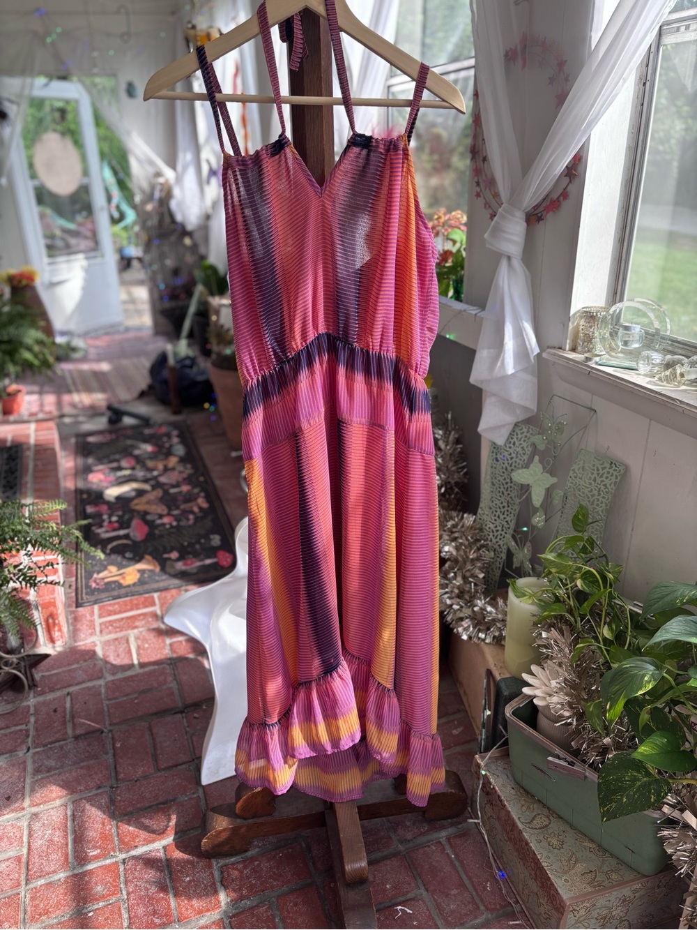 Sanctuary Pink and Orange Gradient Midi Dress with Ruffled Hem